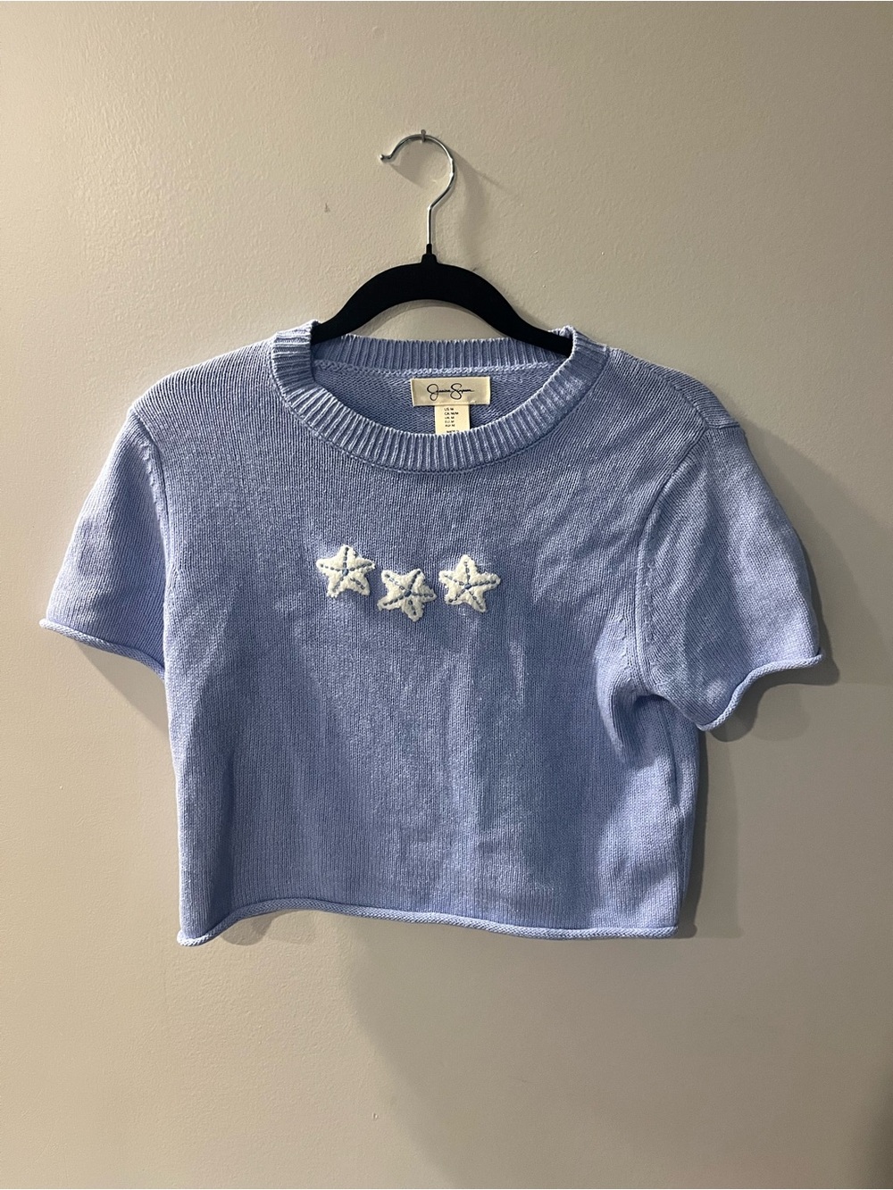 Jessica Simpson Light Blue Cropped Knit Top with White Star Appliques